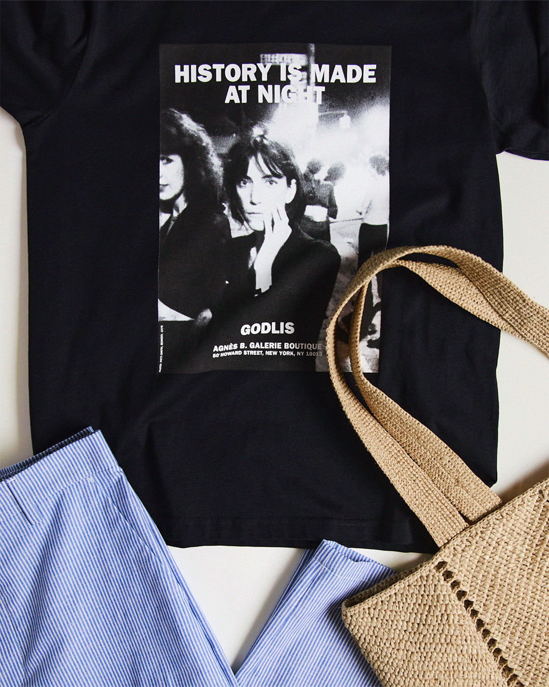 Patti. Godlis. 1976, Bowery. History on cotton.  'Le Mixte' T-shirt screen-printed with the poster for the exhibition 'HISTORY IS MADE AT NIGHT', Galerie Boutique agnès b - NYC, 2016.